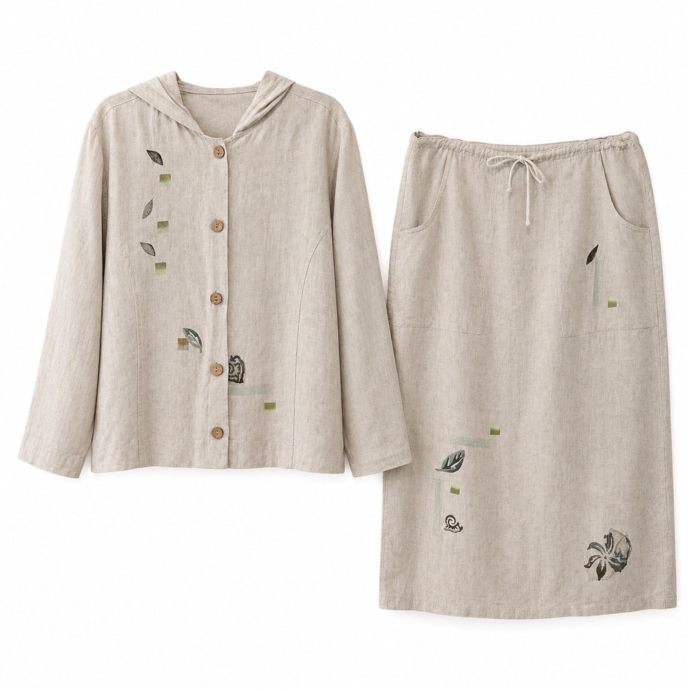 Play Alegre Linen 2 Piece Set Womens Medium‎ Tan Hand Painted Hooded Top Skirt